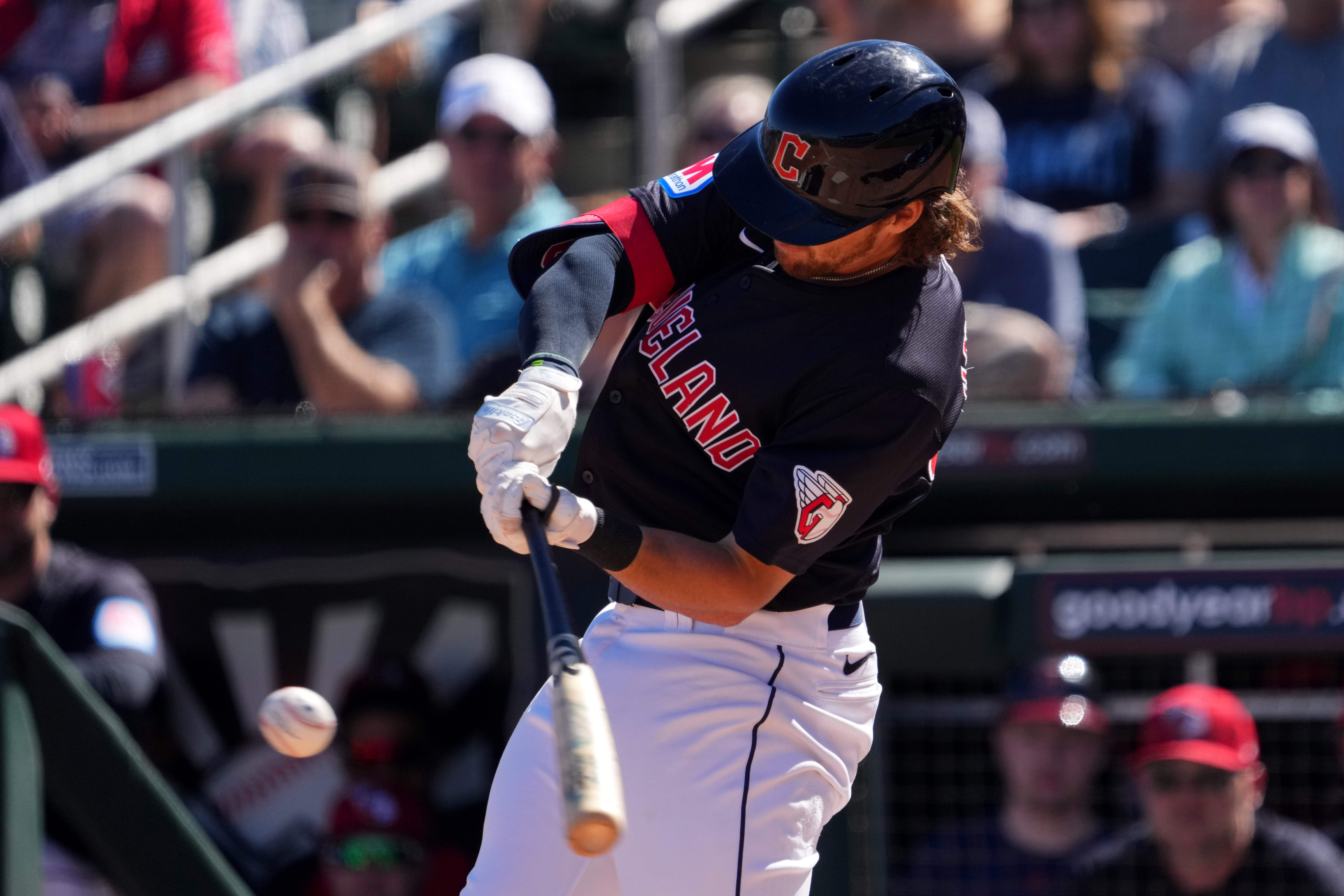Mar 2, 2024; Goodyear, Arizona, USA; Cleveland Guardians third baseman Daniel Schneemann (88) bats against the Kansas City Royals during the first inning at Goodyear Ballpark.